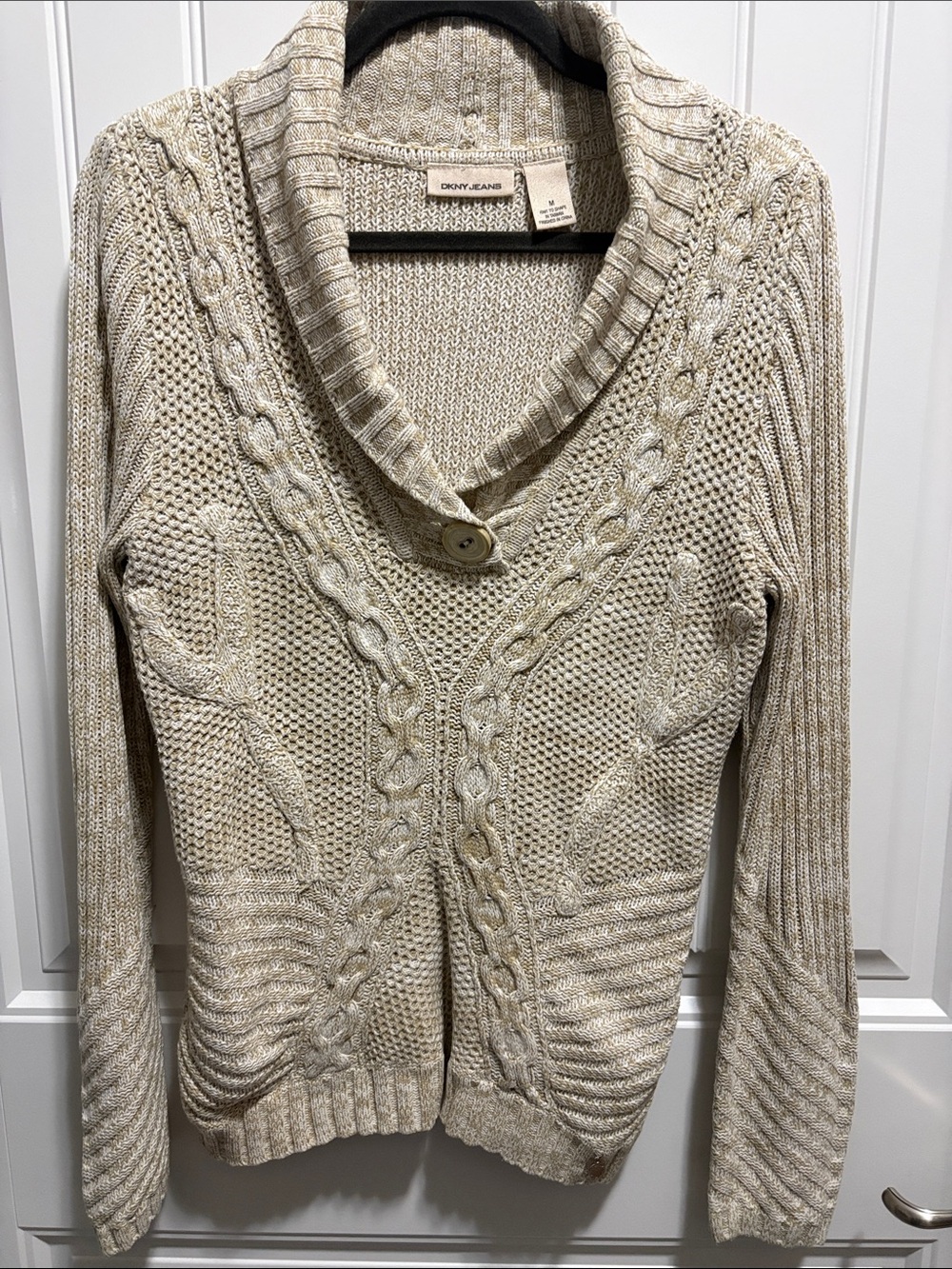 DKNY Jeans Cable Knit Shawl Collar Sweater Cardigan M Cream